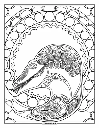 Coloriage de Spinosaurus pour adultes : Un Spinosaurus de profil enveloppé de motifs décoratifs en vagues et cercles