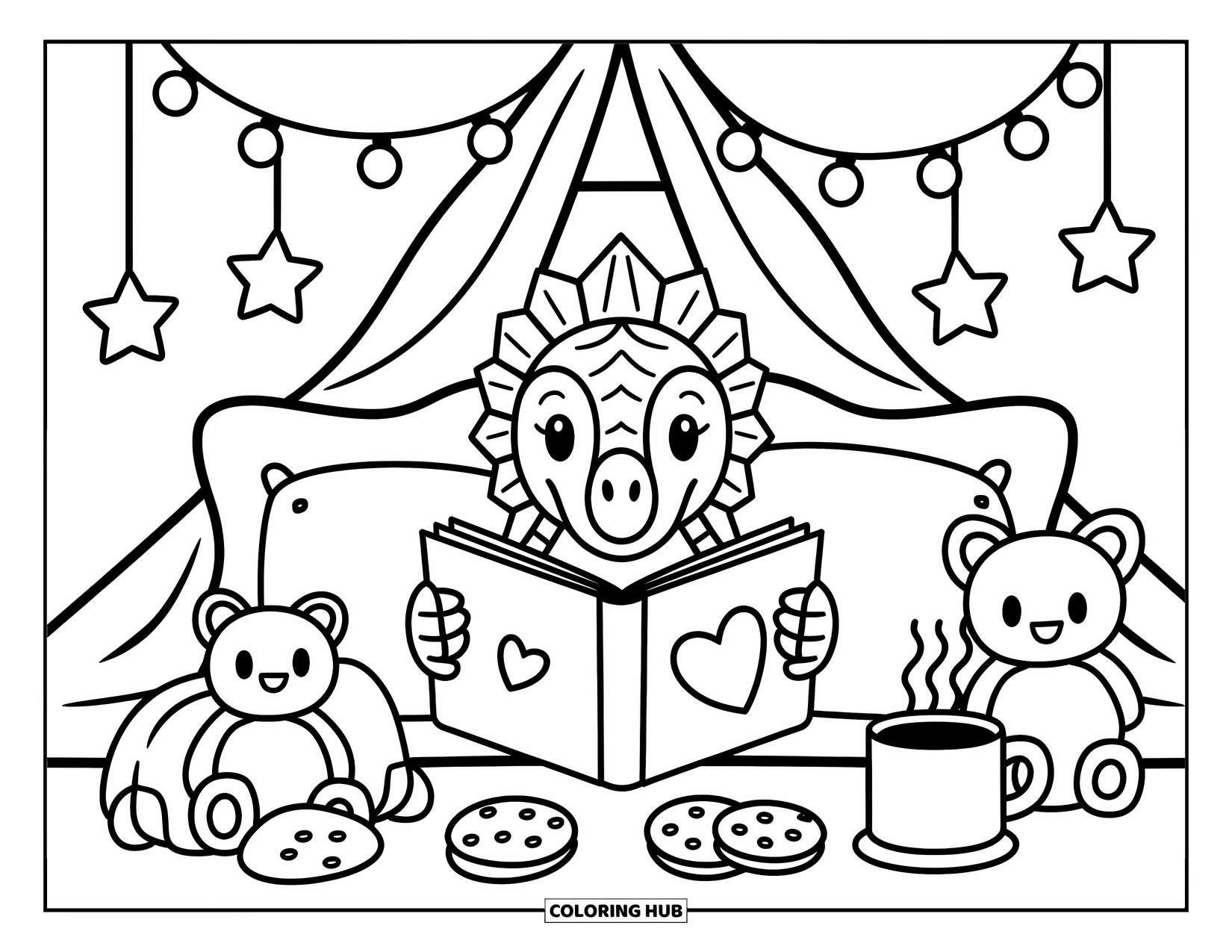 Spinosaurus Coloring Page for Adults: Spinosaurus reads a book inside a blanket fort with cocoa, cookies, and fairy lights