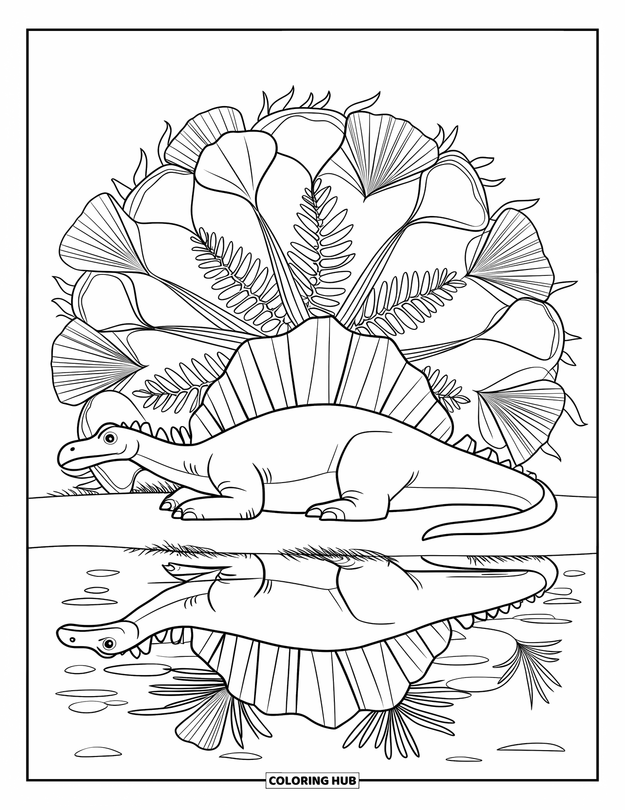 Spinosaurus Coloring Page for Adults: Spinosaurus rests beside a mandala of ferns, reeds, and ginkgo leaves