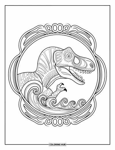 Coloriage de Spinosaurus pour adultes : Un Spinosaurus de profil dans des volutes ornementales sur fond blanc
