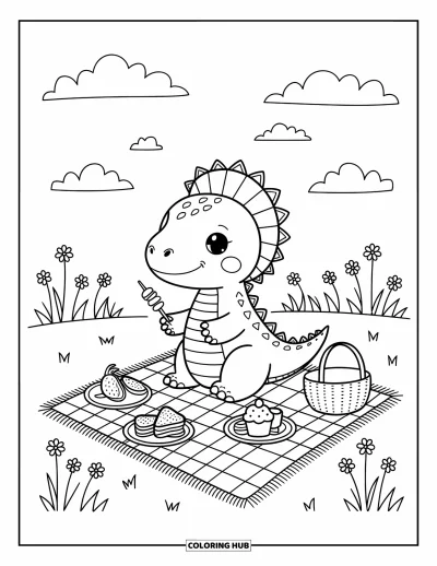 Coloriage de Spinosaurus pour adultes : Un Spinosaurus assis sur une couverture de pique-nique avec des fruits, des cupcakes et un pré venteux