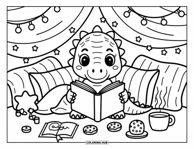Coloriage de Spinosaurus pour adultes : Un Spinosaurus blotti dans une cabane en couvertures avec des peluches, un chocolat chaud et un livre lumineux