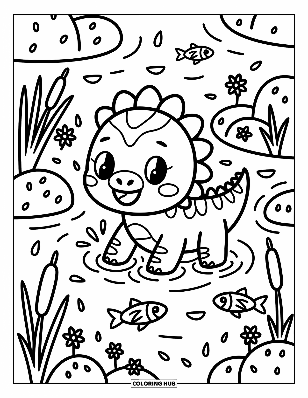 Spinosaurus Coloring Page for Adults: Spinosaurus splashes gently in a shallow stream with fish, flowers, and cattails