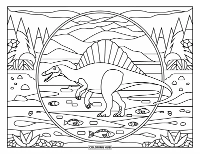 Coloriage de Spinosaurus pour adultes : Un Spinosaurus se promenant dans un vitrail circulaire rempli de vie fluviale
