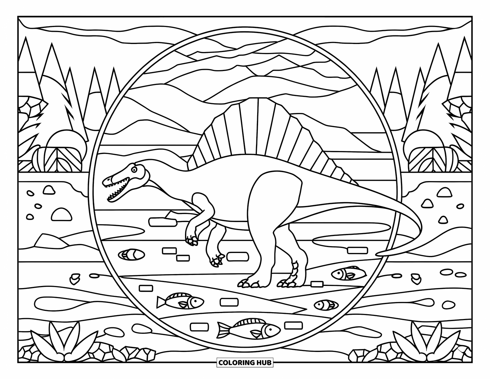 Spinosaurus Coloring Page for Adults: Spinosaurus strolls through a circular stained-glass design filled with river life