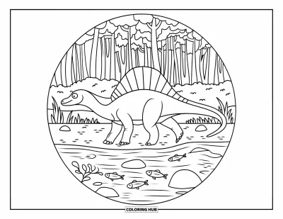 Coloriage de Spinosaurus pour adultes : Un Spinosaurus longeant une rivière dans un cercle de vitrail avec des détails naturels