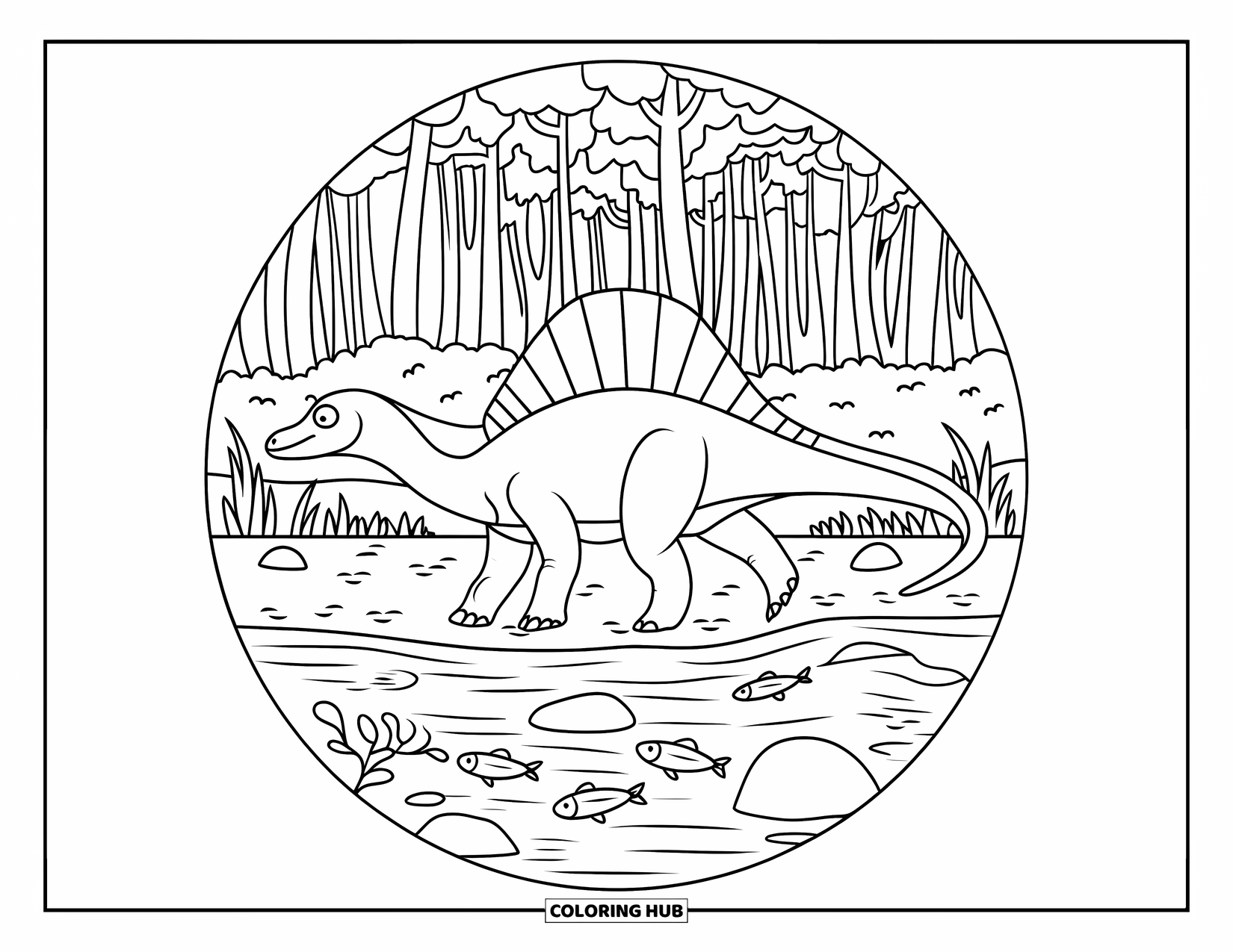 Spinosaurus Coloring Page for Adults: Spinosaurus walks by a river in a stained-glass circle with nature details