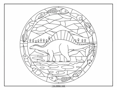 Coloriage de Spinosaurus pour adultes : Un Spinosaurus avançant dans un cercle de vitrail avec des poissons, des pierres et des nénuphars