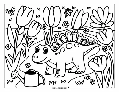 Coloriage de Spinosaurus pour adultes : Un Spinosaurus marchant parmi de hautes tulipes avec des insectes espiègles et des outils de jardinage épars