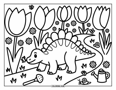 Coloriage de Spinosaurus pour adultes : Un Spinosaurus déambulant parmi de grandes fleurs, reniflant une tulipe avec des insectes alentour
