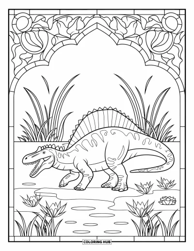 Coloriage de Spinosaurus pour adultes : Un Spinosaurus la gueule ouverte, encadré de plantes marécageuses dans un vitrail