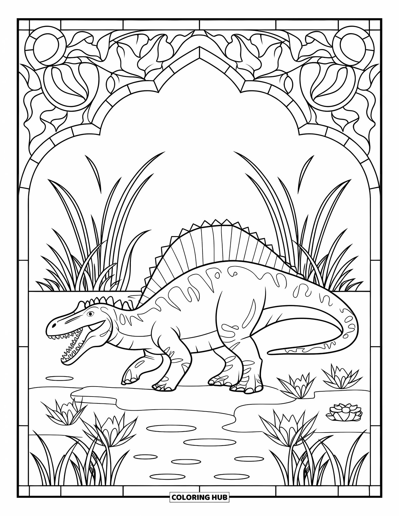 Spinosaurus Coloring Page for Adults: Spinosaurus with open mouth, surrounded by marsh plants in stained glass