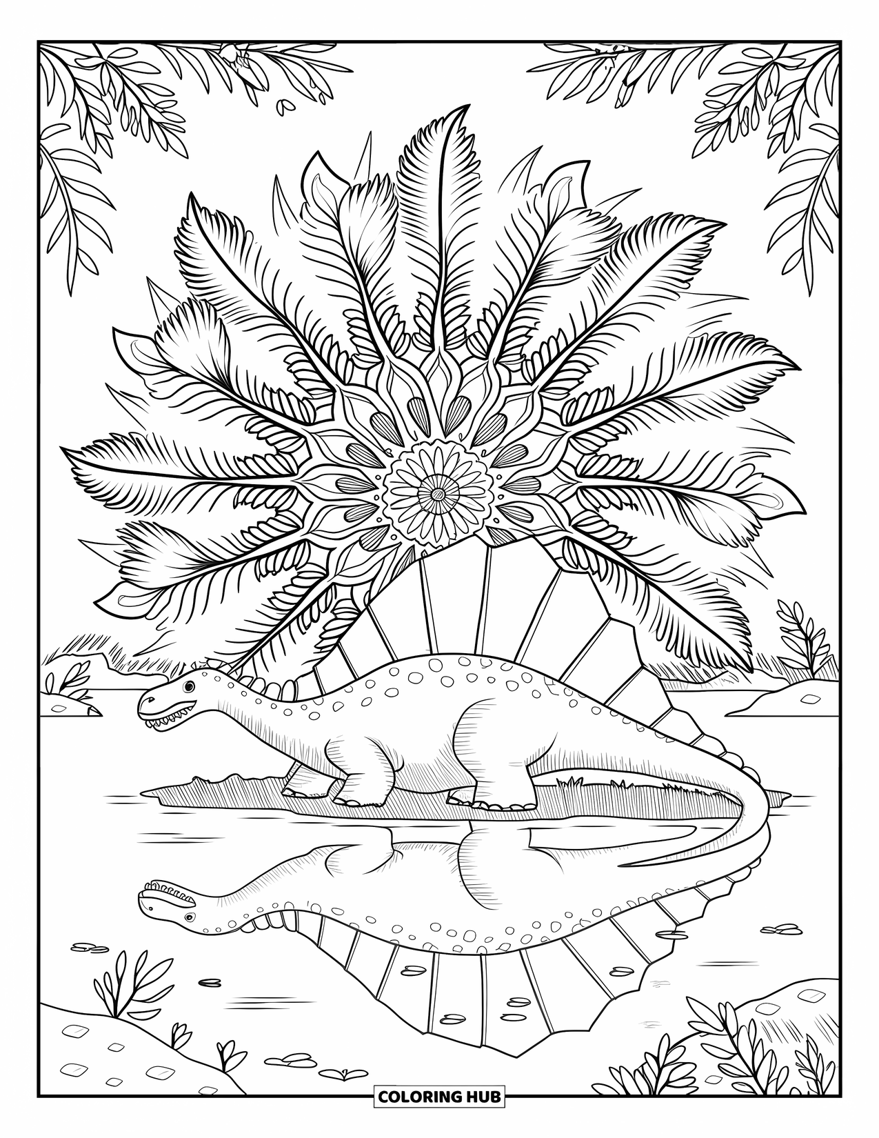 Spinosaurus Coloring Page for Adults: Spinosaurus with sail rests near a detailed botanical mandala and calm lake