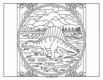 Coloriage de Spinosaurus pour adultes : Un cercle de vitrail avec un Spinosaurus, des nénuphars et une vue apaisante sur la montagne