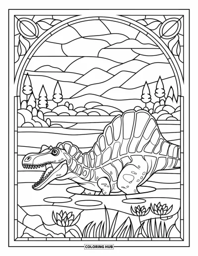 Coloriage de Spinosaurus pour adultes : Un Spinosaurus nageant dans un cadre de vitrail avec un fond naturel serein