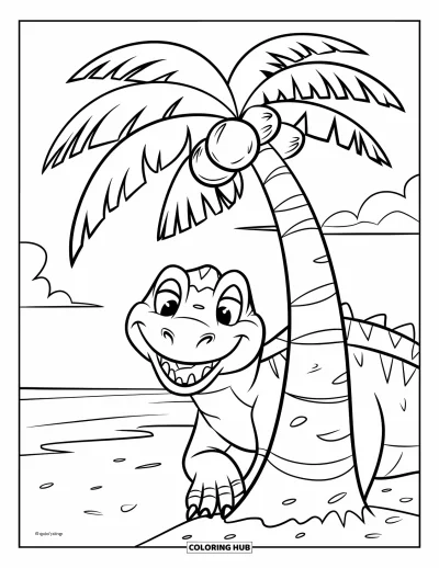 Coloriage de Spinosaurus pour enfants : Un joyeux Spinosaurus apparaît derrière un palmier avec des noix de coco