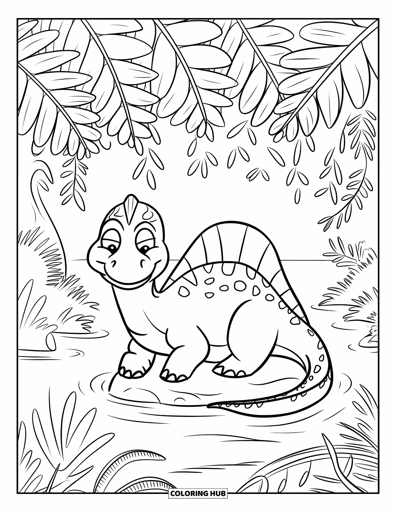 Spinosaurus Coloring Page for Kids: Relaxed Spinosaurus lounges on a rock in a prehistoric jungle