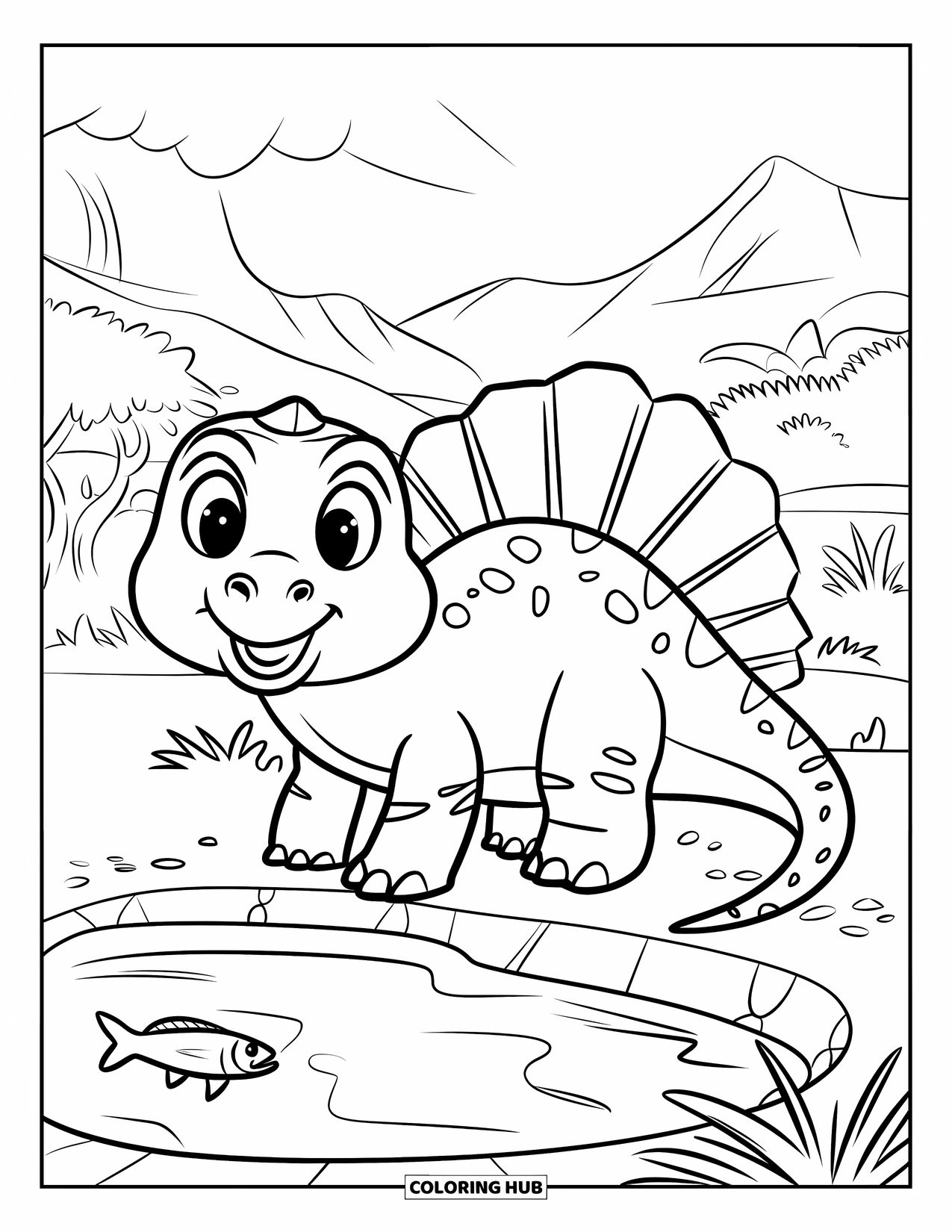 Spinosaurus Coloring Page for Kids: Smiling Spinosaurus stands by a pond with a fish nearby