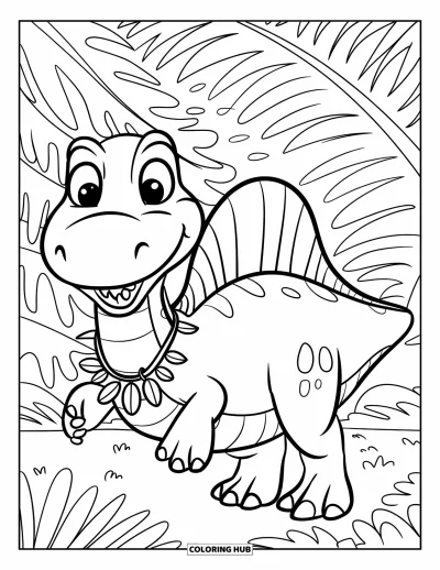 Coloriage de Spinosaurus pour enfants : Un Spinosaurus souriant avec un collier de feuilles se promène parmi de grandes fougères luxuriantes