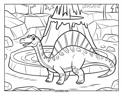 Coloriage de Spinosaurus pour enfants : Un Spinosaurus près d'une mare volcanique bouillonnante avec ses dents bien visibles