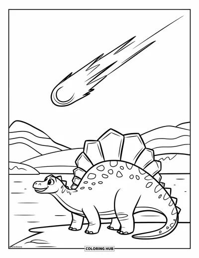 Coloriage de Spinosaurus pour enfants : Un Spinosaurus au bord d'un lac, regardant une comète traverser le ciel au-dessus des montagnes