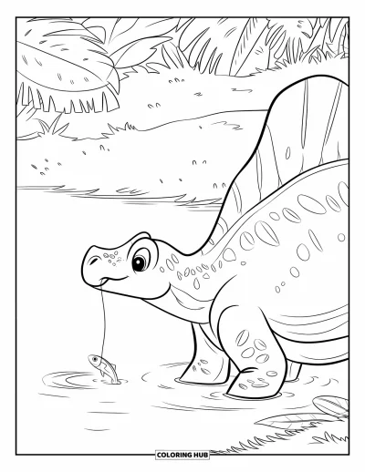 Coloriage de Spinosaurus pour enfants : Un Spinosaurus attrape un poisson dans un lac calme entouré de plantes généreuses