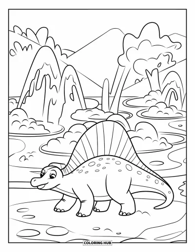 Coloriage de Spinosaurus pour enfants : Un Spinosaurus avance avec assurance près de sources bouillonnantes et de montagnes
