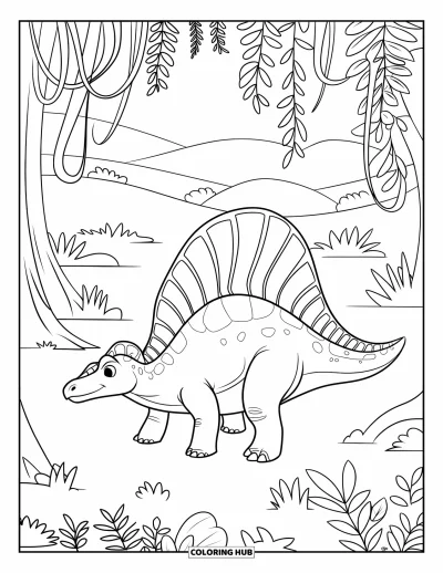 Coloriage de Spinosaurus pour enfants : Un Spinosaurus explore une forêt tropicale remplie de lianes et de douces collines