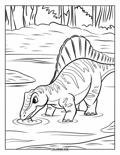 Coloriage de Spinosaurus pour enfants : Un Spinosaurus pêche dans les eaux peu profondes près d'arbres et de rochers