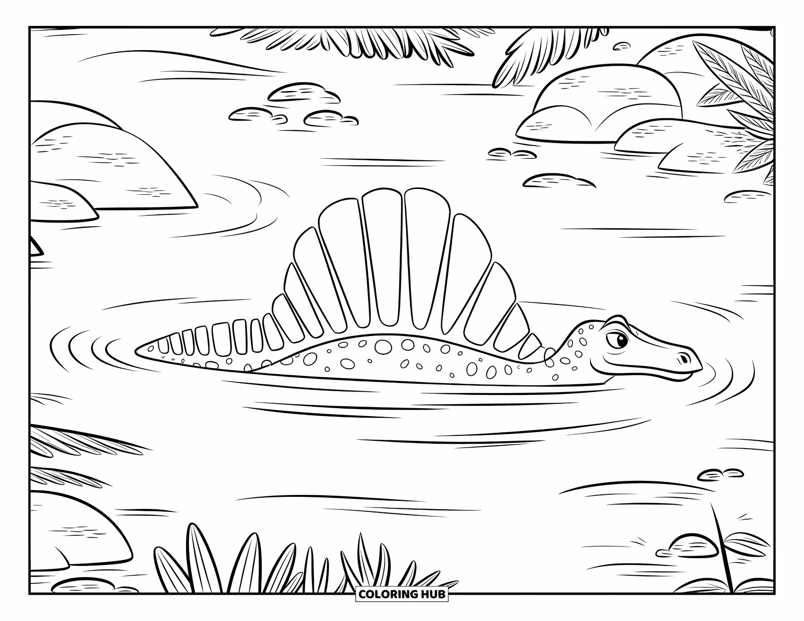 Spinosaurus Coloring Page for Kids: Spinosaurus gliding through water with rocks and plants around