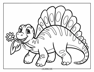 Coloriage de Spinosaurus pour enfants : Un Spinosaurus tenant une fleur dans la gueule avec un air enjoué