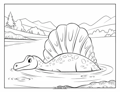 Coloriage de Spinosaurus pour enfants : Un Spinosaurus dans des eaux calmes, museau et voile visibles avec une vue sur la montagne