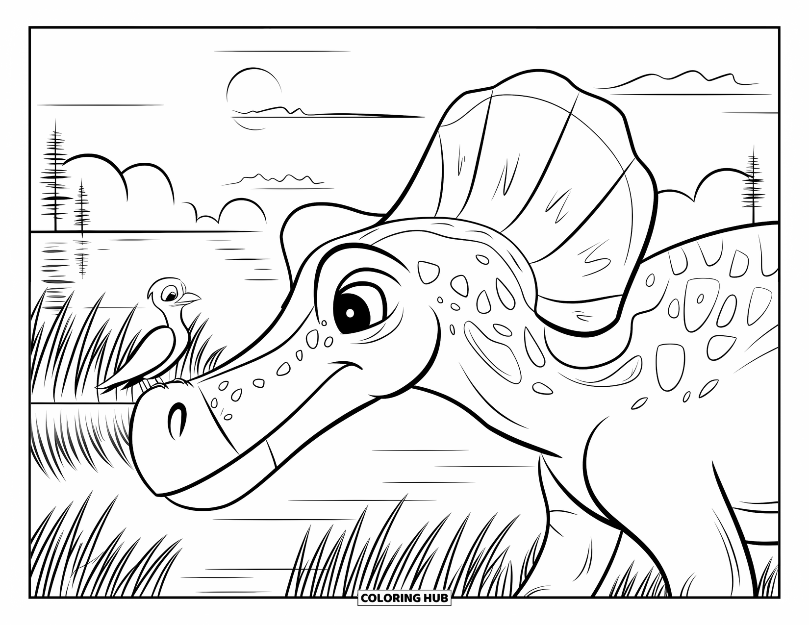 Spinosaurus Coloring Page for Kids: Spinosaurus near marsh waters with bird, trees, and sunset sky