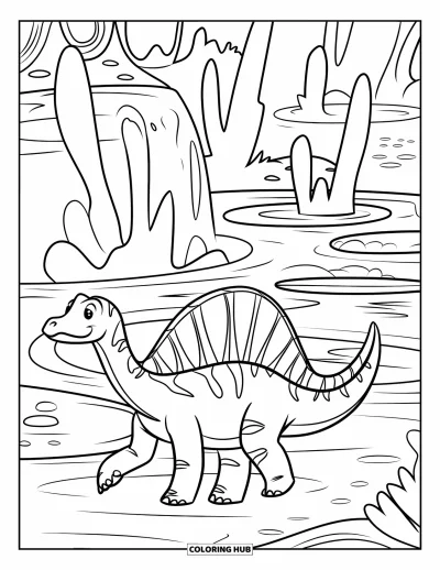 Coloriage de Spinosaurus pour enfants : Un Spinosaurus près de sources fumantes, entouré d'arbres et de rochers