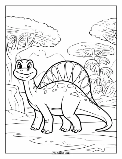 Coloriage de Spinosaurus pour enfants : Un Spinosaurus sur un sol rocheux parmi des fougères en éventail et des arbres préhistoriques