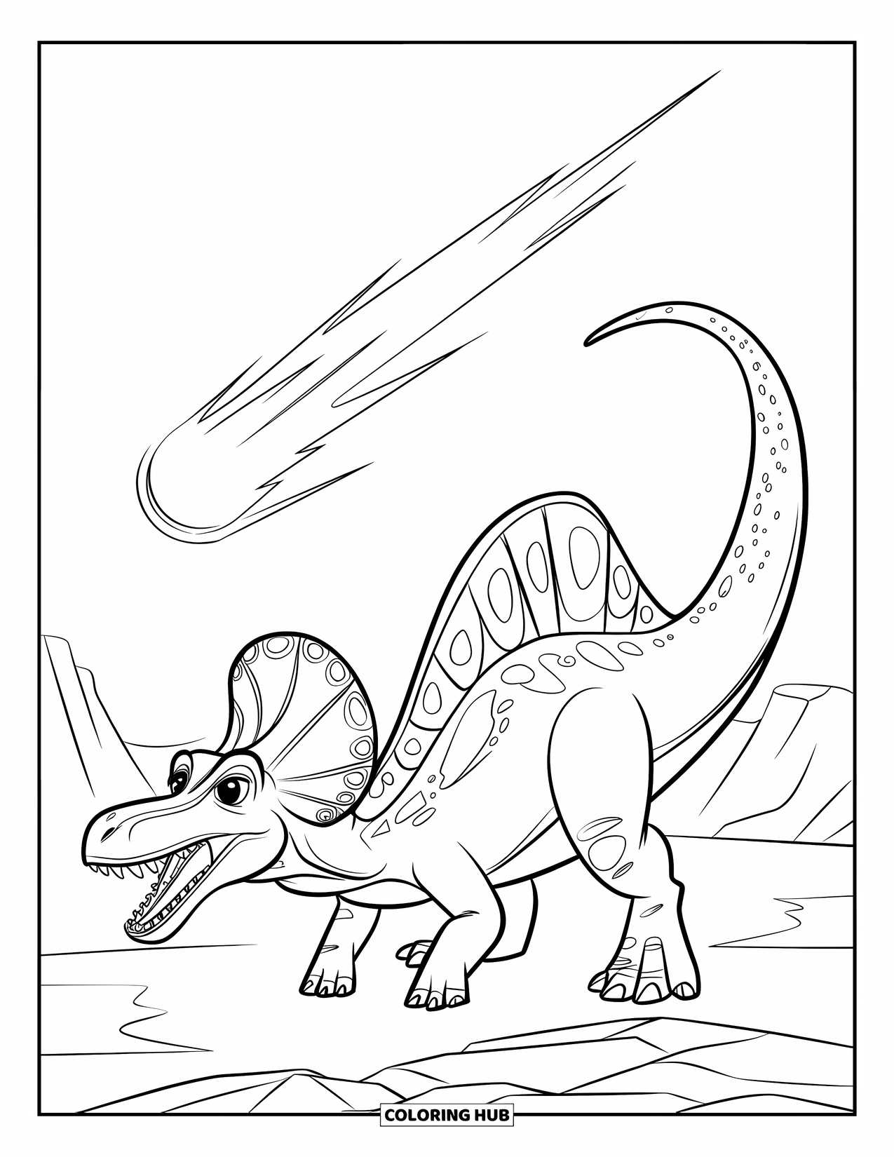 Spinosaurus Coloring Page for Kids: Spinosaurus on rocky ground, eyes wide as a comet flies overhead