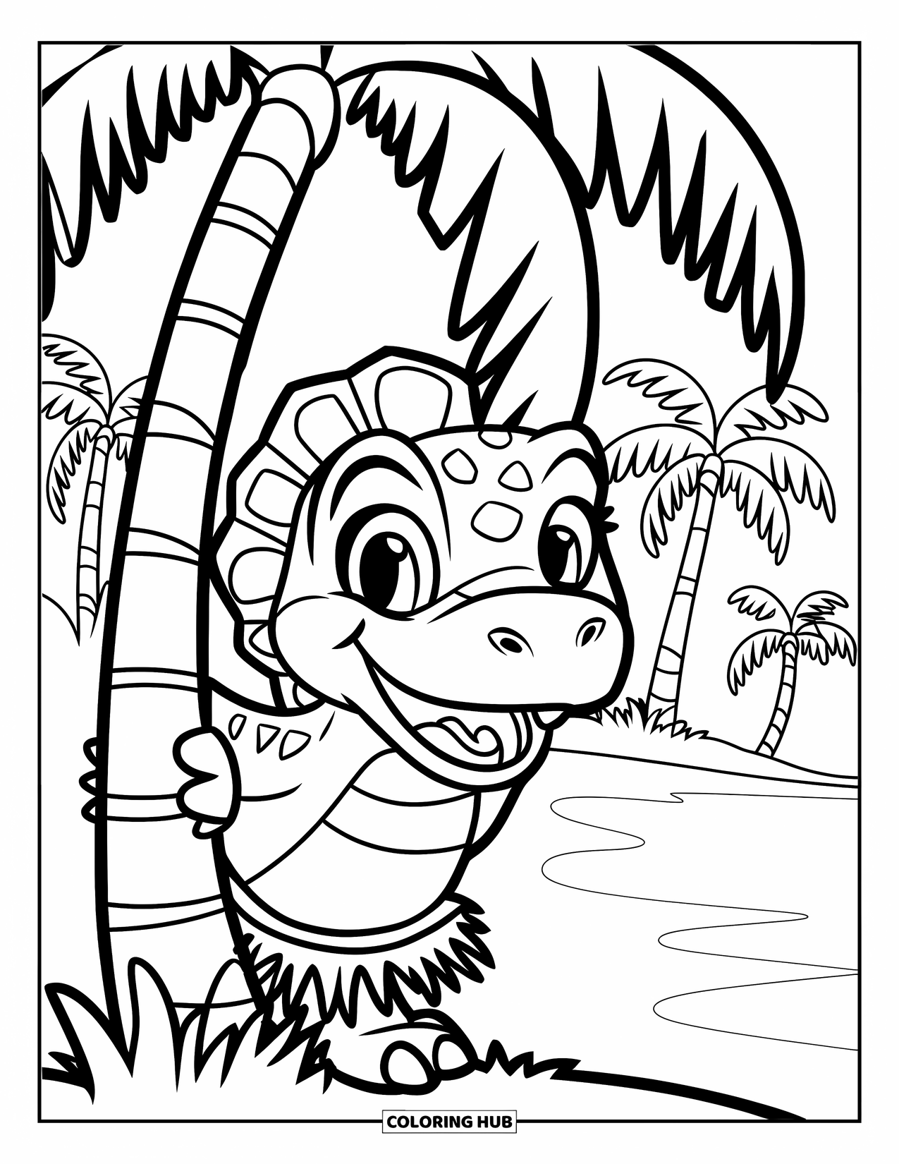 Spinosaurus Coloring Page for Kids: Spinosaurus peeks behind a palm tree wearing a grass skirt on a beach