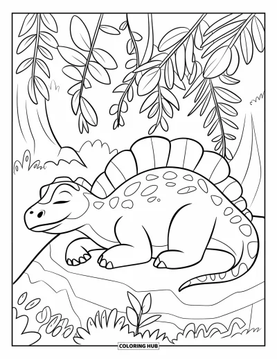 Coloriage de Spinosaurus pour enfants : Un Spinosaurus se repose paisiblement sous un dais de feuilles préhistoriques