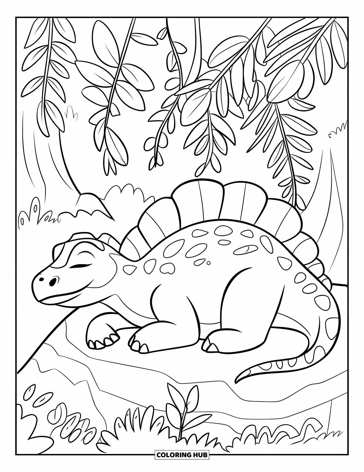 Spinosaurus Coloring Page for Kids: Spinosaurus resting peacefully under a canopy of prehistoric leaves