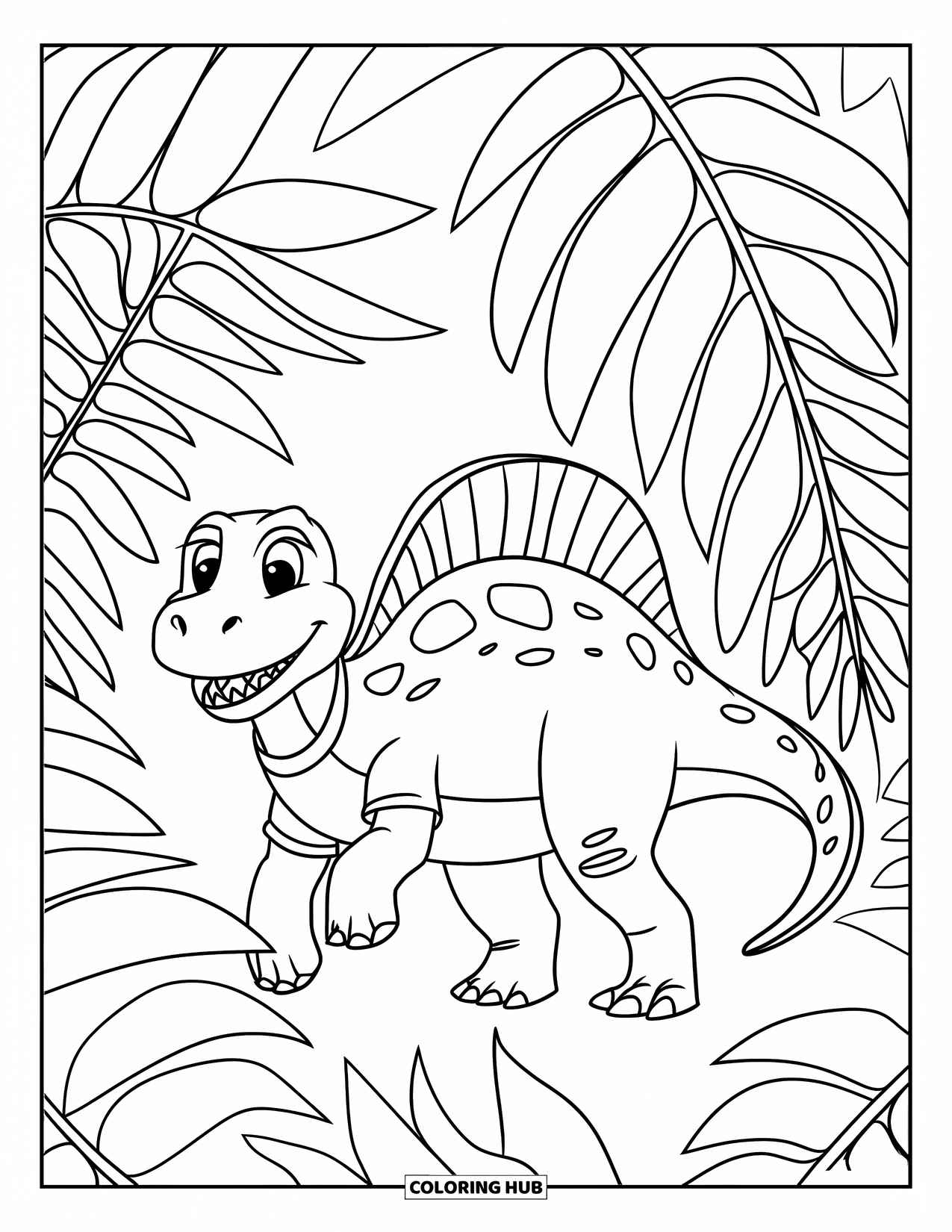 Spinosaurus Coloring Page for Kids: Spinosaurus smiles brightly wearing a shirt among waving ferns