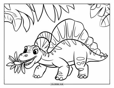 Coloriage de Spinosaurus pour enfants : Un Spinosaurus souriant doucement avec une fleur dans un décor verdoyant
