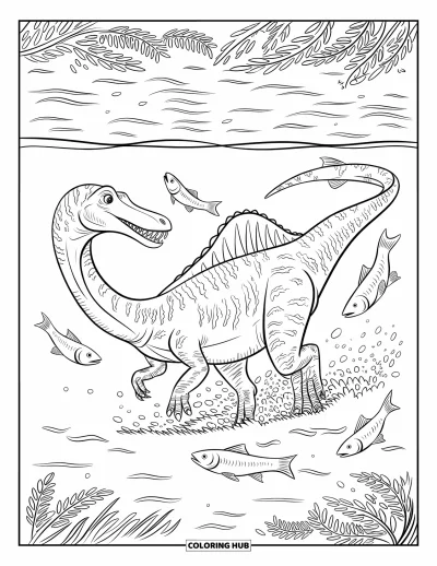 Coloriage de Spinosaurus pour enfants : Un Spinosaurus attrape des poissons qui nagent dans des eaux claires et peu profondes