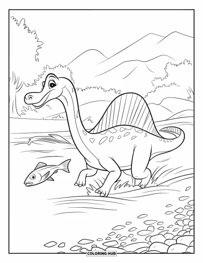 Coloriage de Spinosaurus pour enfants : Un Spinosaurus éclabousse en chassant des poissons dans une rivière caillouteuse