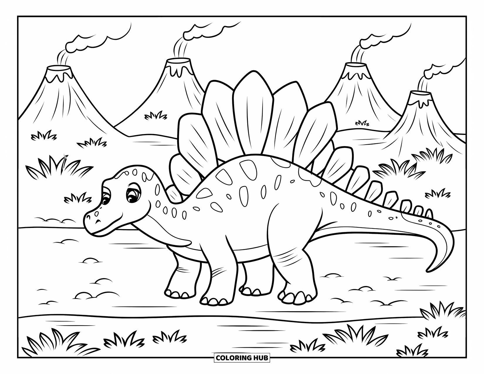 Spinosaurus Coloring Page for Kids: Spinosaurus stands by a river with tiny smoking volcanoes in the distance