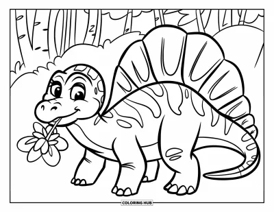 Coloriage de Spinosaurus pour enfants : Un Spinosaurus debout et heureux avec une fleur dans la gueule