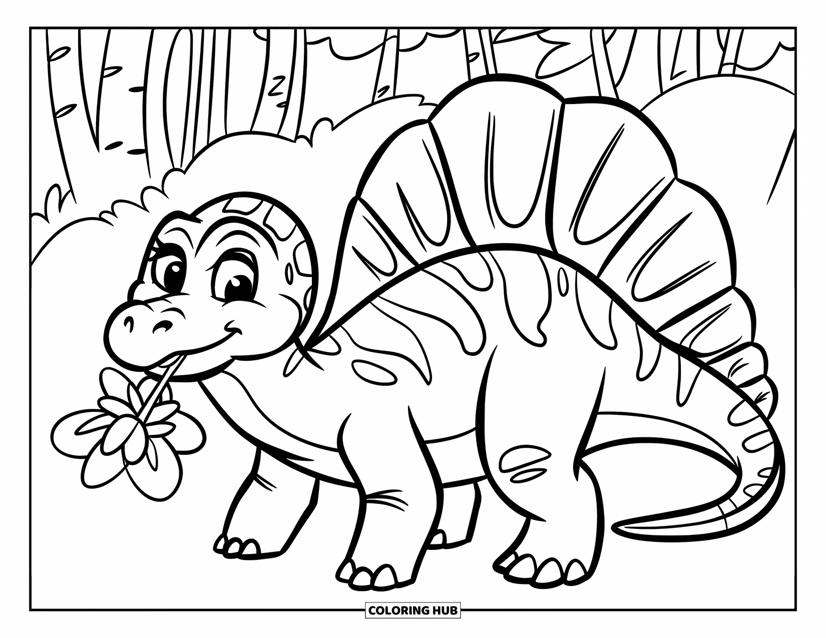 Spinosaurus Coloring Page for Kids: Spinosaurus stands happily with a flower in its mouth