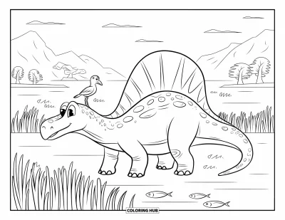 Coloriage de Spinosaurus pour enfants : Un Spinosaurus près d'un marécage avec un petit oiseau posé sur son museau
