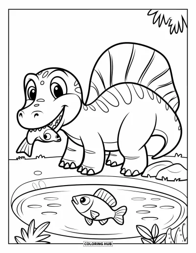 Coloriage de Spinosaurus pour enfants : Un Spinosaurus debout sur un rocher, tenant un poisson près d'un étang tranquille