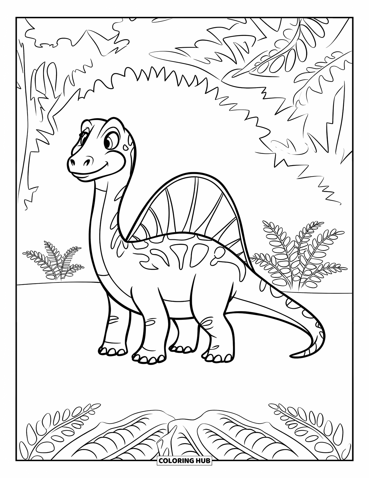 Spinosaurus Coloring Page for Kids: Spinosaurus stands tall among ferns and prehistoric trees
