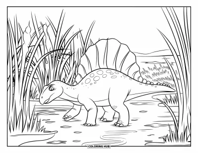 Coloriage de Spinosaurus pour enfants : Un Spinosaurus avance dans des marécages herbeux, laissant une trace boueuse derrière lui